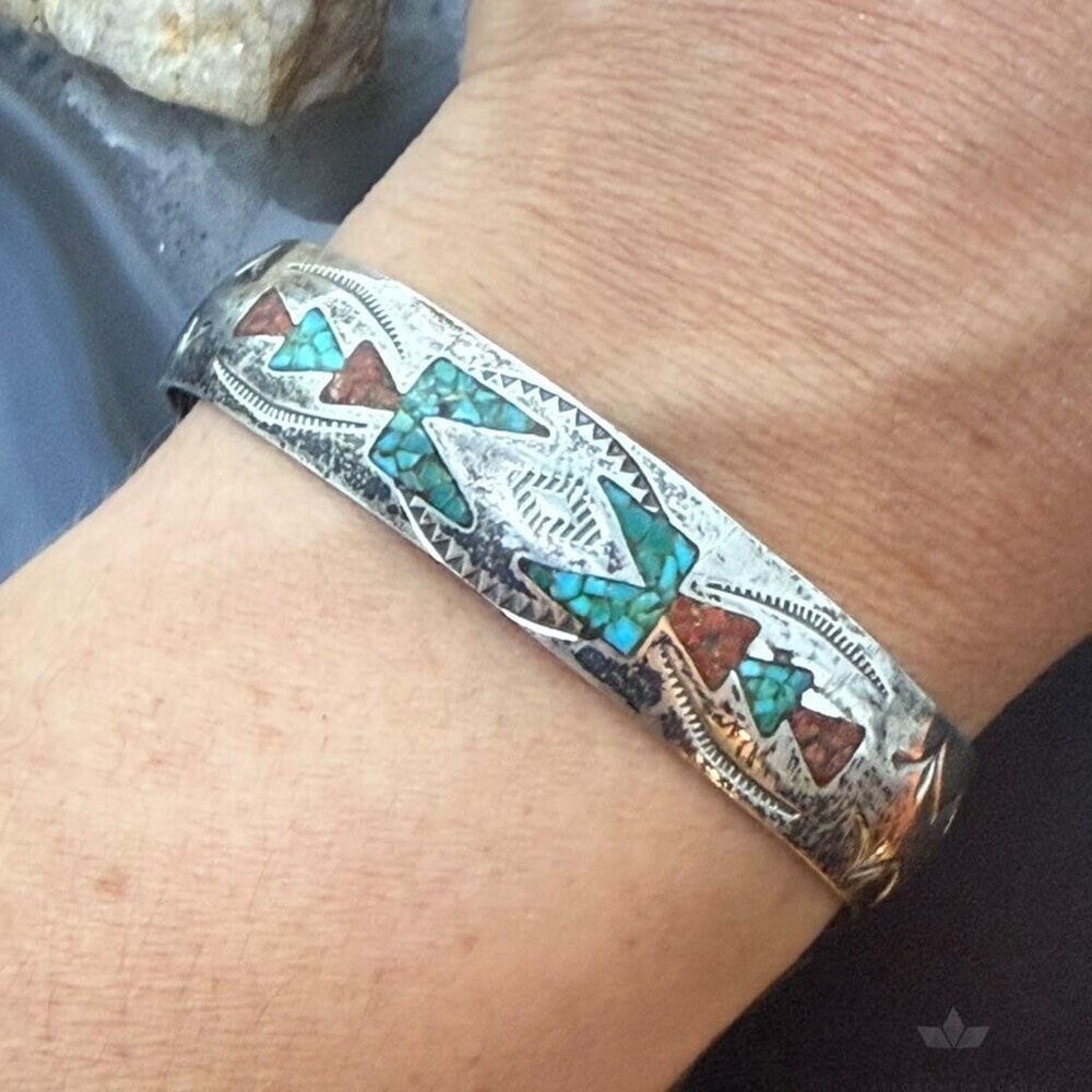 Vintage Native American Silver Turquoise & Coral Chip Inlay Bracelet For Women
